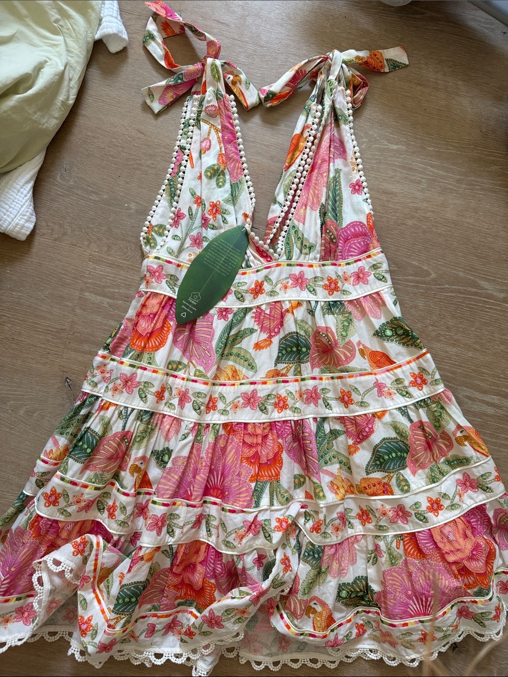 FARM Rio Cream Halter Mini Dress with Pink, Orange & Green Floral Print